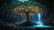 Amidst a tranquil forest, a solitary tree of life stands beneath a waterfall of bio-luminous water at night - AI Generative