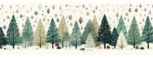 Beautiful Wide Horizontal Xmas Cartoon Banner Background Illustration With Christmas Trees And Snow In Winter