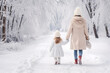 © barmaleeva - Mother and daughter holding hands while walking through a snowy park. Winter family moments. Generative AI