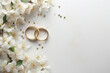 Wedding card in white colors with flowers and wedding rings. Generative AI