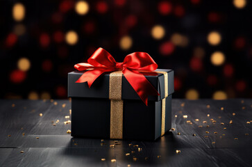 Black gift box with red bow on a dark background with bokeh lights. Christmas gift