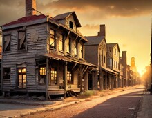 Wooden Ghost Town In Sunset