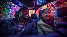 A Family Sitting In The Back Of A Car, Faces Illuminated By The Glow Of A Drive-through Christmas Light Display.