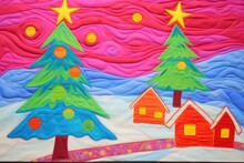 Christmas Trees On Fabric Trapunto Quilt Embroidery Style