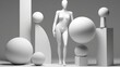 Sculptural composition with faceless nude female mannequin surrounded by abstract geometric figures. Spheres. Digital art. Illustration for cover, postcard, card, interior design, decor, etc.