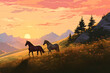 Two beautiful wild horses walking down the pasture during the sunset, mountains and beautiful sky in the background