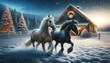 Black and palomino horses frolicking in snowy field with Christmas barn
