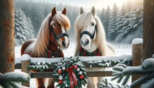 Chestnut And White Horses With Festive Bridles In Snowy Christmas Setting
