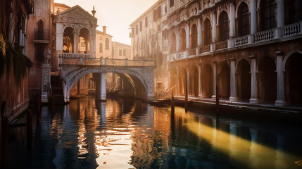 Wall Mural - Venetian landscape. Canals, bridges  and palaces with beautiful reflection in water, early morning hours.  