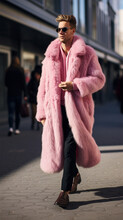 Young stylish man in a pink long fur coat on a city street, illustration for a fashion magazine. 