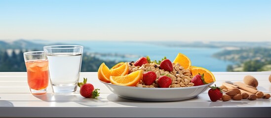 Wall Mural - The woman enjoyed a healthy breakfast of cereal and fruit consisting of orange slices and fresh strawberries on a white table against the backdrop of a serene nature scene She knew that inco