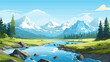 © xxstudio - Summer landscape with mountains, river and forest. Vector illustration. Beautiful landscape for print, flyer, background. Travel concept.