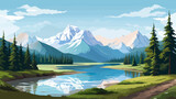 Fototapeta Fototapety z naturą - Summer landscape with mountains, river and forest. Vector illustration. Beautiful landscape for print, flyer, background. Travel concept.