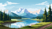 Summer Landscape With Mountains, River And Forest. Vector Illustration. Beautiful Landscape For Print, Flyer, Background. Travel Concept.
