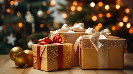 Poster - Elegantly wrapped Christmas presents adorned with shimmering ribbons, placed on a table, with a softly lit Christmas tree in the background