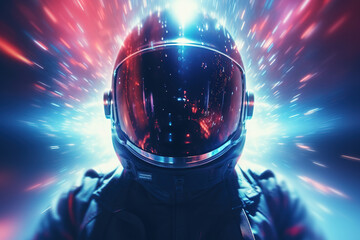 Wall Mural - An astronaut portrait with bright rays as a hyperspace symbol, blue and purple lights blurred in zoom effect