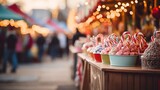 Fototapeta  - Generative AI, Christmas fair blurred background, winter street market in Europe	
