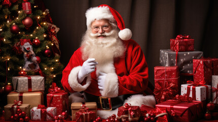 Wall Mural - A cheerful Santa Claus surrounded by a bounty of wrapped Christmas gifts, with a decorated tree and cozy fireplace setting a festive background.