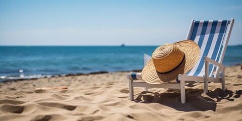 Poster - A beach chair with a straw hat on top of it.