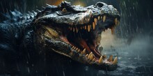 A Crocodile With Its Mouth Open In The Rain