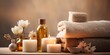 © Настя Шевчук - Beautiful spa treatment composition such as Towels, candles, essential oils, Massage Stones on light wooden background. blur living room, natural creams and moisturising Healthy lifestyle
