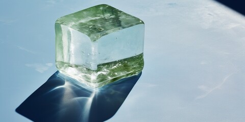 Wall Mural - An ice cube is shown on a blue background with a shadow on the ground and a green background with a shadow on the ground and a blue background...