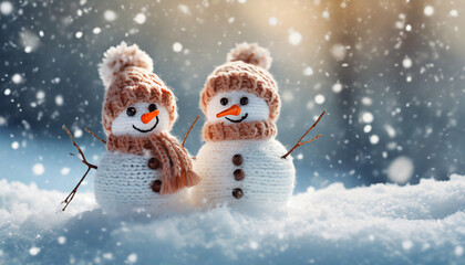  Little knitted snowmans on soft snow