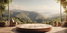Wooden Round Podium On Sustainable Spa Relax Interior Background With Large Window With Beautiful Landscape.