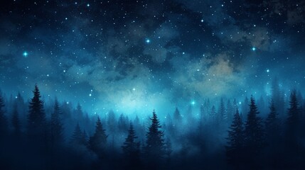 Wall Mural - Double exposure of a starry night sky with a foggy forest