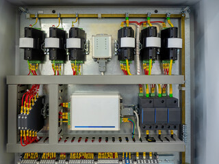 Poster - industrial electrical equipment. power shield from inside. metal cabinet with electrical equipment. 