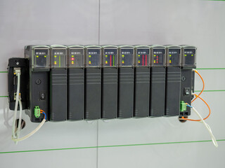 Poster - programmable logic controller. industrial electrical equipment. logic controller with leds. electric