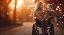 A Beautiful Little Boy With A Disability Walks In A Wheelchair With His Mom At Sunset. A Child With Disabilities :