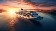 Luxury Cruise Ship Sailing To Port On Sunrise 