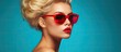In the vibrant summer of the 1980s a beautiful young female model with captivating blue eyes and bright red lips posed for a portrait wearing stylish sunglasses and showcasing the latest fas
