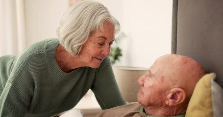 Wall Mural - Sick, kiss forehead and senior couple for support, bonding and compassion at home for wellness. Retirement, marriage and elderly man care for woman with illness, healing and recovery in bedroom