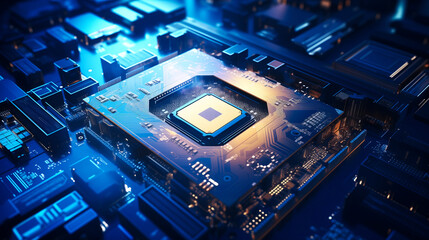 Fototapete - Close-up view of modern chip gpu card with circuit blue neon lights. Concept CPU microchip for ai and data network
