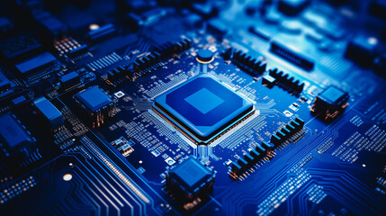 Fototapete - Concept CPU microchip for ai and data network. Close-up view of modern chip gpu card with circuit blue neon lights
