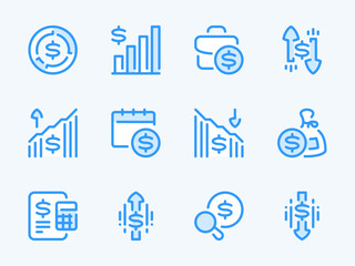  - Money, Dollar and Finance vector line icons. Trading market and Financial analytics outline icon set. Stock portfolio, Trading schedule, Market profit, Investment search, Stock sales and more.