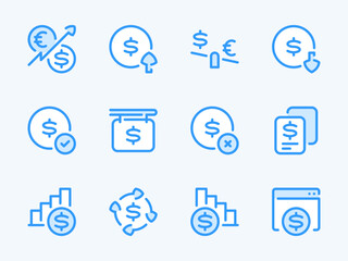  - Money, Dollar and Finance vector line icons. Currency and Exchange trading outline icon set. Online payment, Price increase, Financial report, Stock market and more.