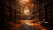 A forest path covered in fallen leaves becoming the aisles of a grand library filled with books.