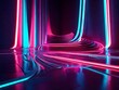 A 3D render featuring an abstract neon background with fluorescent lines glowing in a dark room, casting reflections on the floor, fantastic panoramic wallpaper, generative ai