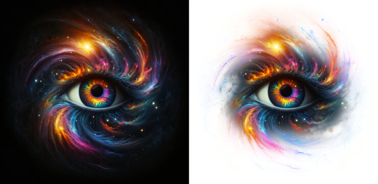 a cosmic eye with galaxy swirls and stardust, vivid colors, symbolizing vision beyond the visible. i