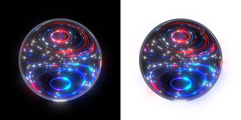 Poster - Vibrant multi colored orb with swirling light patterns on a black and transparent background. 3D render