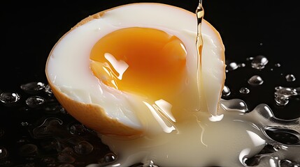 Sticker -  a close up of a fried egg on a black surface with a splash of milk coming out of the egg.  generative ai