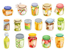 Pickled Food Jars. Cartoon Preserved Products In Can Jar Bottle, Marinating Vegetables Spice Pot Kitchen Pantry, Fruit Pickle Appetizer Conserve Veggie Neoteric Vector Illustration