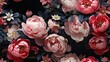  a close up of a bunch of flowers on a black background with pink and white peonies and blue leaves.  generative ai