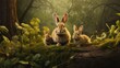  a group of rabbits sitting on top of a moss covered ground in front of a forest filled with green plants.  generative ai