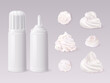 Realistic whipped cream. 3d mousse and whip creams cans for vanilla cake, whipped frosting sprinkle topping spray confectionery decoration, cream meringue exact vector illustration