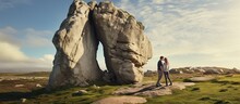 A Romantic Love Couple Photographing A Giant Rock Pillar Landmark In A Nature Reserve Generative AI