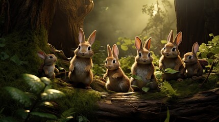 Sticker -  a group of rabbits sitting next to each other on a lush green forest covered with trees and ferns in front of a sunlit forest.  generative ai